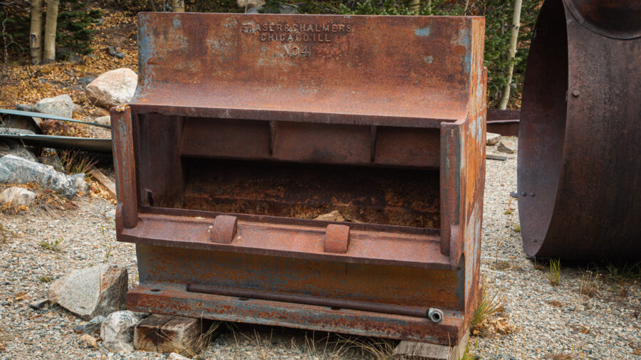 Historic Fraser & Chalmers stamp mill mortar box located at Paris Mill near Alma, Colorado.